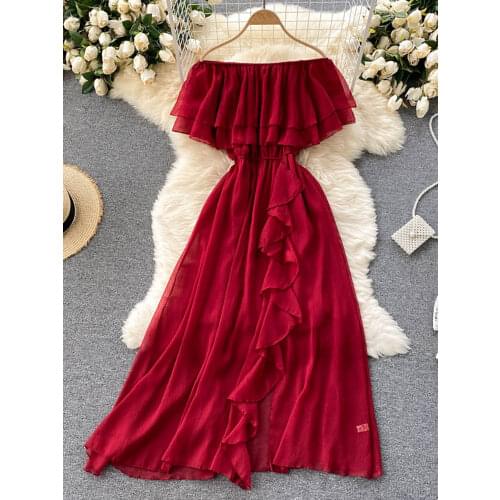 Sexy Slash Neck Chiffon Long Dress Women Red/Green/Purple Irregular Ruffle Short Sleeve High Waist Beach Vestidos Female 2021