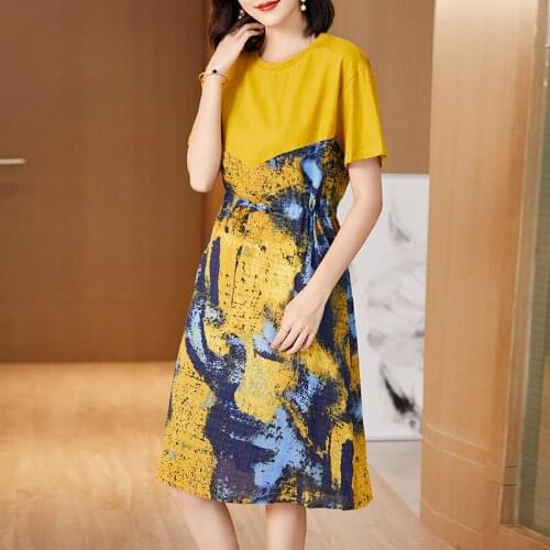 Vintage ethnic female printed imitate silk dress short sleeve summer new woman mother dress elegant casual dresses plus size