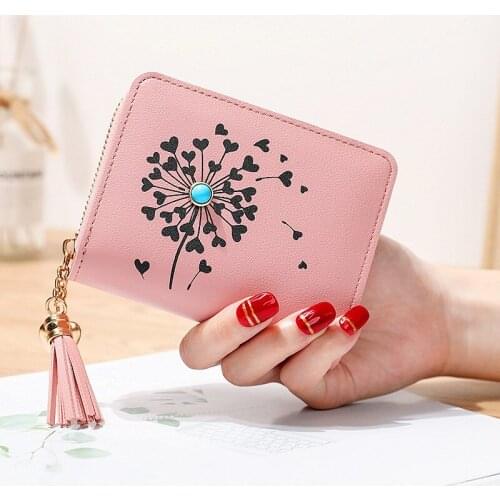 Women Wallets Short Cartoon Print Pu Leather Zipper Coin Purses Female Tassel Solid Color Hasp Card Holder Mini Clutch Bag