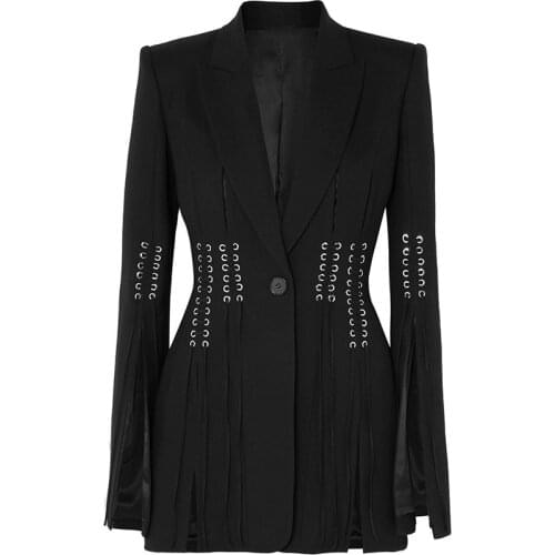 HIGH STREET 2021 Designer Stylish BLAZER Womens Single Button Slit Rope Lacing Up Blazer Jacket