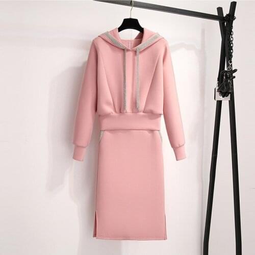 Plus Size Autumn Winter Sweet Pink Sweatershirt Top And Skirt Two Piece Set For Women Tracksuit Fashion Matching Outfit