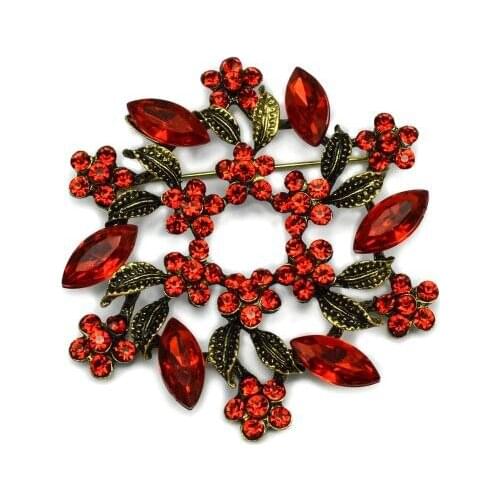 2 Inch Bronze Tone Vintage Wreath Brooch with Red Rhinestone Crystals Wedding Party Flower Pins