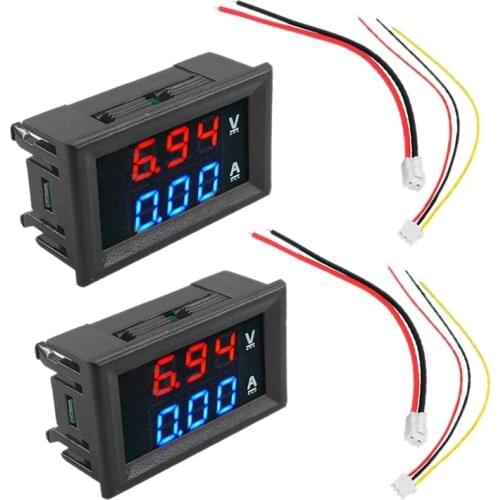 2Pcs Digital Voltmeter Ammeter DC 100V 10A Amp Voltage Current Meter Tester Blue + Red Dual LED Display Panel with Connect Wires