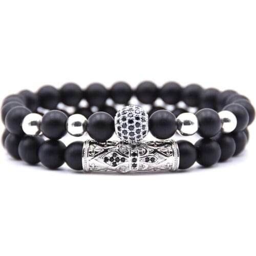 2PCS/SET Gold Cylinder Matte Onyx Bracelet And Rose Rhinestone Balls