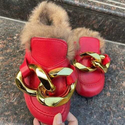 2021 Plush Chain Slippers Fashion Round Head Womens Shoes Flat Outdoor Casual Slippers Plus Size 43