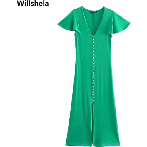 2021 Women Fashion Dress V-Neck Fly Shoulder Single-breasted Vintage Chic Lady Elastic Knitted Dresses Woman Robe