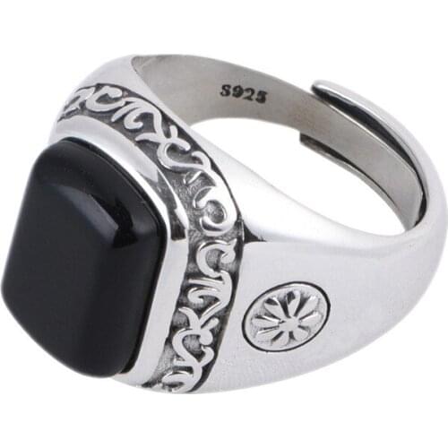 BOCAI 2021 Fashion Real S925 Silver Ring for Man Wide Version Adjustable Retro Inlaid Black Agate Personalized Man Ring