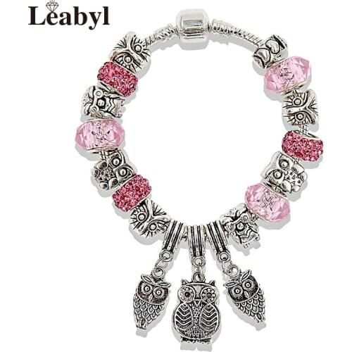 Vintage Tibetan Silver Owl Pendant Charm Bracelet 3 Colors Crystal Bead Bracelet Lovely Animal Diy Bracelet Bangle Fashion Gift
