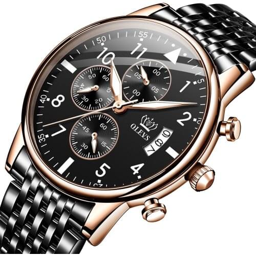 Chronograph Watch Mens Watches Top Brand Luxury OLEVS Stainless Steel Sport Quartz Wrist Watch for Man Gifts Calendar Display