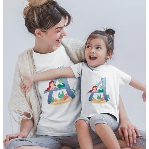 Disney Cartoon Letter Ariel Printed Woman T-shirts Fashion Cute Girl Baby T-shirt Summer Soft Clothes Family Matching Outfits
