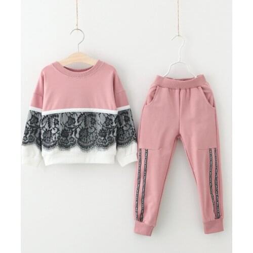 Kids Girls winter new pink suit children autumn wear girl lace patchwork set letters trousers children long sleeve sets ST19062