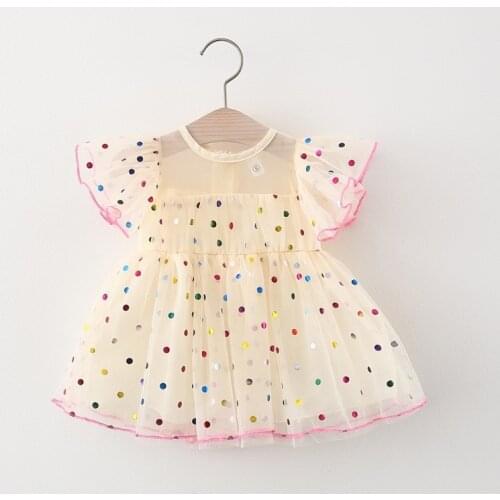 Princess Dress Baby Short-sleeved Mesh Dress with Colorful Polka Dot Pattern Printing, Ruffle Decoration Clothing 1-3T