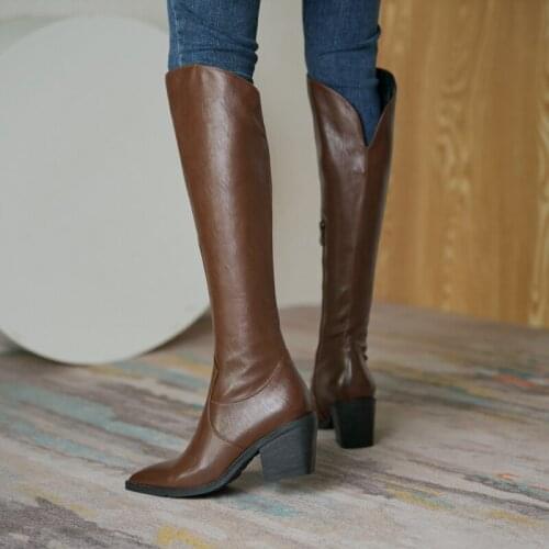 Dovereiss Fashion Womens Shoes Winter Concise New Brown Sexy Zipper Clear Heels Boots Block heels Knee high Boots 34-43