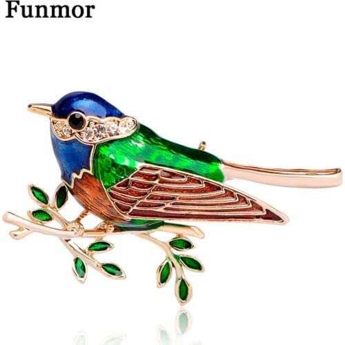 Funmor Enamel Bird Brooch Gold-color Crystal Hat Shoulder Accessories Clothes Backpack Badge Animal Wedding Women Brooches Pins
