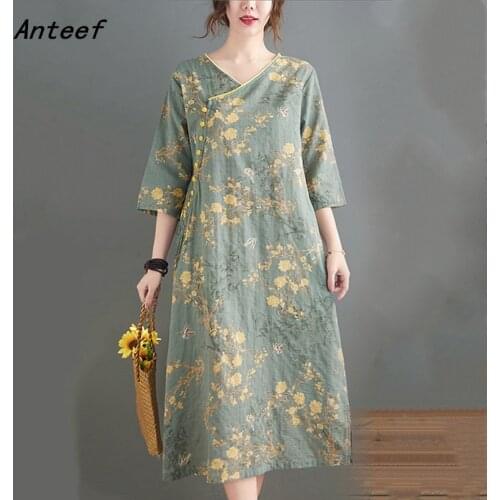Cotton linen plus size vintage floral dresses for women casual loose long woman summer dress elegant clothes 2021 sundress