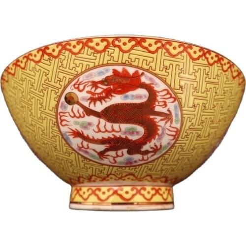 Chinese Old Porcelain Gold Painted Enamel Bowl With Four Windows and Dragon Pattern Big bowl