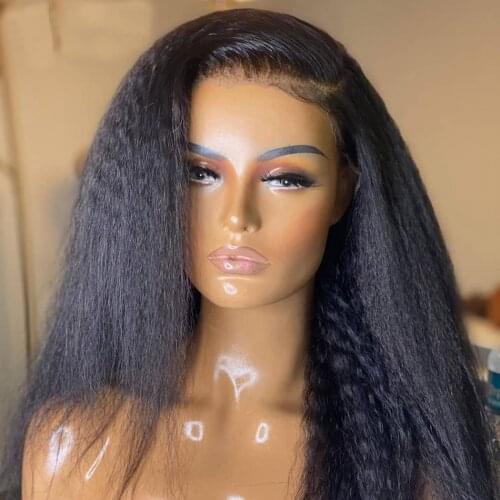 Kinky Straight Wig Free Part Lace Front Fiber Hair Wigs Pre Plucked With Baby Hair Heavy Density Synthetic Yaki Wig For Winter
