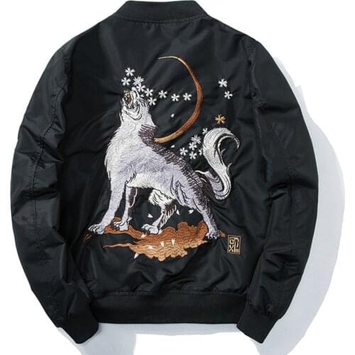 Embroidery Wolf Bomber Jacket Men Hip Hop Windbreakers Baseball Jacket 2020 Mens Autumn Streetwear Coat