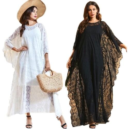 Summer Boho Women Kaftan Maxi Dress Lace Hollow Out Batwing Sleeve Dresses Loose Beach Holiday Cover Up Wear Without Inner