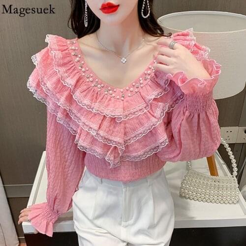 Fashion Chiffon Ruffle Blouse with Lace Elegant Big V Neck Vintage Shirts for Women Womens Flare Long Sleeve Top Blusas 16891