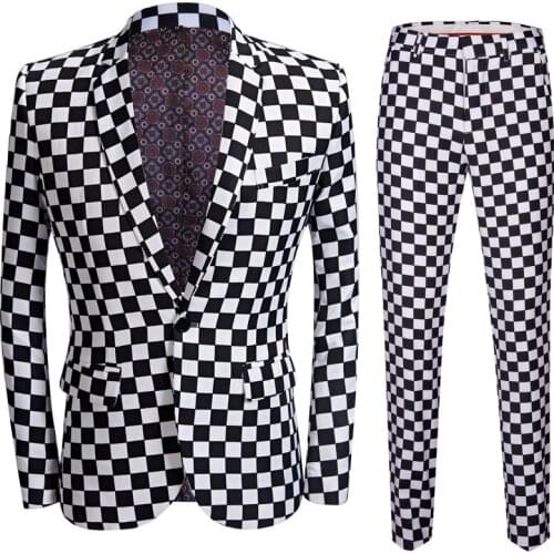 Black-White Grids Men Suit Wedding England Printed Blazers Pants Slim Fit 2 Pcs Suits Set Male Costume Garcon Mariage Body Suit
