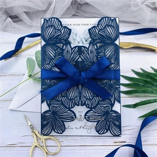 Modern Navy Blue Laser Cut Wedding Invitations With Bowtie And Personalized Insert