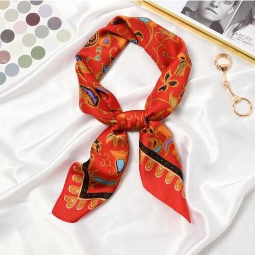 Yishine New 70x70cm Women Multifunction Polyester Silk Scarf Red Flowers Pattern Satin Small Square Wraps Scarves