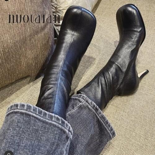 2020 New Brand Autumn Winter Ankle Boots For Women Fashion Square Toe High Heels Shoes Woman Chelsea Boots Plus size 35-42