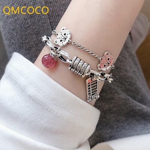 QMCOCO 925 Silver Bracelets For Women 2021 New Trendy Vintage Sweet Design Pink Strawberry Crystal Abacus Party Jewelry Gifts