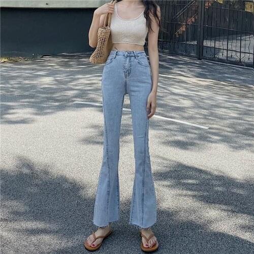 Wonens Long Flare Jeans Female 2021 Spring Summer Retro High Waist Slim Casual Denim Pants Trumpet Trousers Streetwear Feme