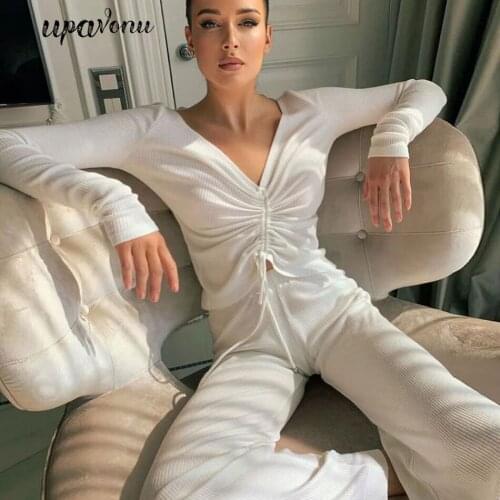 Free Shipping 2021 New Women Sweater Set Sexy V-neck Long Sleeve Drawstring Knit Pullover & Straight Pants Casual Two-piece Set