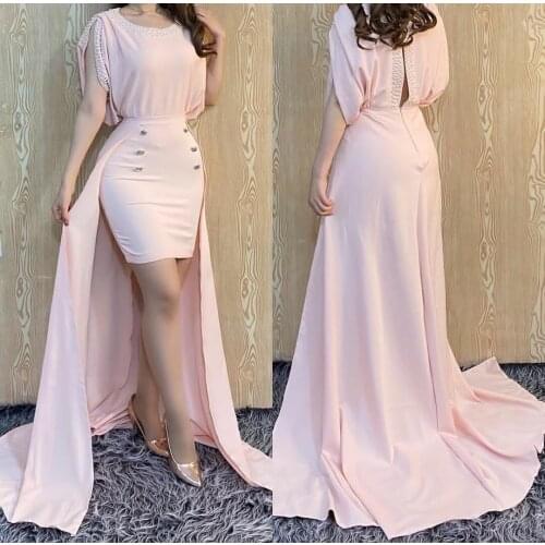 Vintage Sheath Short Satin Pink Muslim Prom Dresses Zipper Back O-Neck Sweep Train Robe De Soiree Formal Party Gown