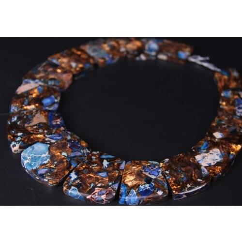 15pcs Brown Blue Ocean Sediment Jaspers Graduated Necklace Trendy Gifts,Top Drilled Emperor Stone Trapezoid Slab Pendant Jewelry