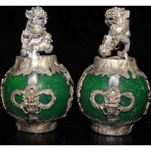 2.8" China Paktong Inlay Green Stone Animal Foo Fu Dog Guardion Lion Statue Pair