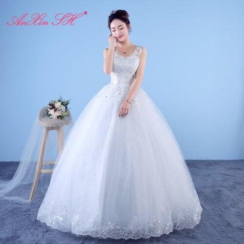 AXJFU princess flower lace white wedding dress party vintage v neck illusion sleeveless beading bride glaring wedding dress