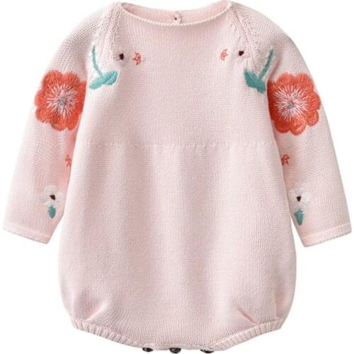 Auro Mesa Infant Baby Girl Pink Embroidered Knit Long-Sleeve Loose Bodysuit Baby Girls Toddler Outfits