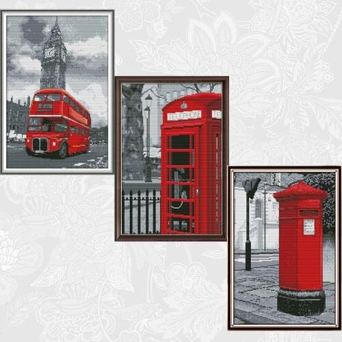 Bus Mailbox Phone Booth Patterns Counted Printed on Canvas DMC 14CT 11CT Chinese Cross Stitch Needlework Sets Embroidery kits