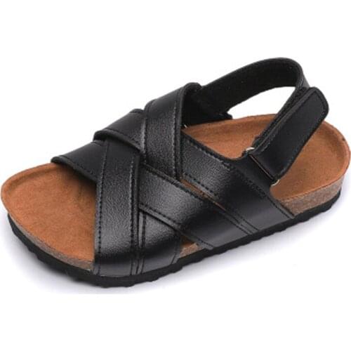 Ortoluckland children beach sandals boys black soft leather shoes easy wearing fastern breathable cork sandals for toddler girls