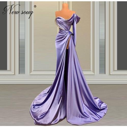 Elegant Beading Celebrity Party Dresses Purple Satin Middle East Evening Dresses African Split Slit 2020 Abendkleider Prom Gowns