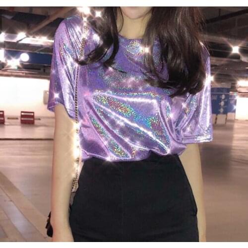 Summer woman tops shiny loose short sleeve t-shirt sexy club aesthetic harajuku women stylish bright silk tshirt