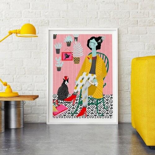 Green Chair Cartoon Woman Portrait and Cat Canvas Paintings Wall Canvas Art Pictures Poster and Print for Living Room Home Decor