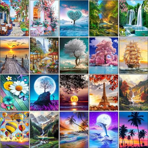Full Round/Square Diamond Painting Moon Tree 5D Diy Diamond Embroidery Sailboat Mosaic Seaside Scenery Kit Home Decoration