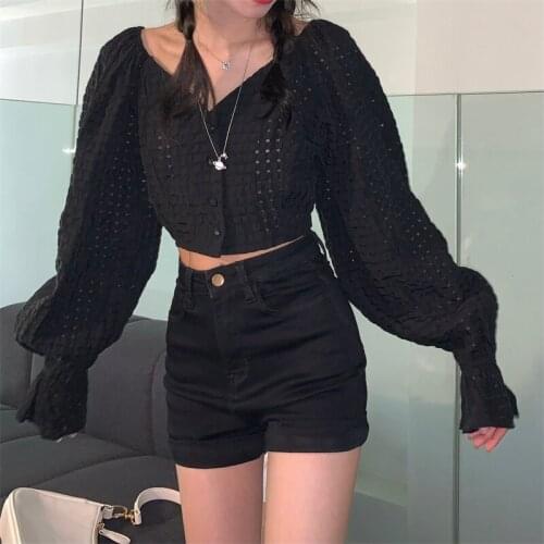 Short cropped shirt trumpet puff sleeve v-neck long-sleeved black plaid shirt 2021 autumn new women high waist tops