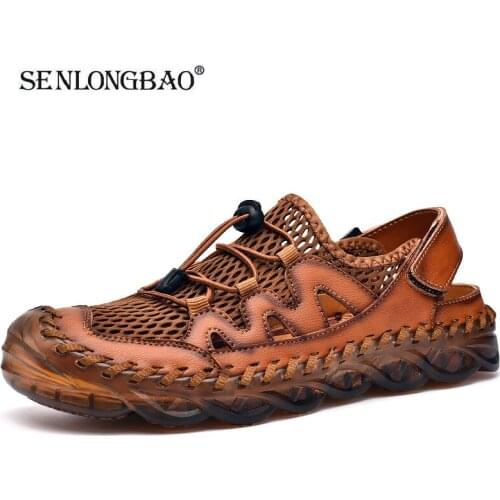 Summer Mesh Men Sandals Handmade Genuine Leather Men Casual Shoes Breathable Outdoor Mens Slippers Beach Sandals Plus Size 38-46