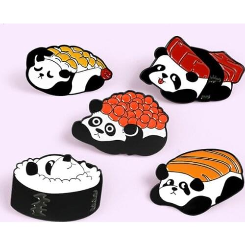 Cute Sushi Panda Lapel Pins Kimbap Seaweed Rice Roll Food Badges Animal Lover Brooches Jewelry Wholesale Gift for Men Women Kids
