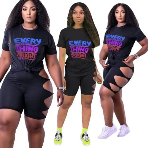 Trendy Chic Letter Print Lounge Wear Women Two Piece Outfits Short Sleeve Pullover Loose Top Hollow Out Biker Shorts Sweatpants