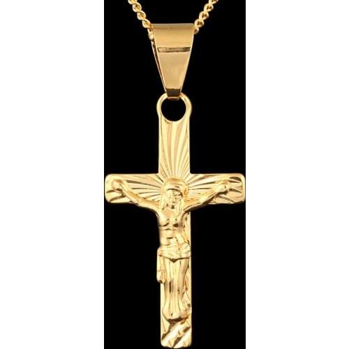 Jesus Crucifix Cross Pendant Chain Necklace Yellow Gold Filled Classic Women Men Jewelry Gift