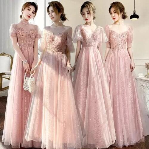 Bridesmaids Dresses Illusion Off The Shoulder O-Neck Sequined Pearls Embroidery A-Line Short Tulle Women Wedding Party Gown E440