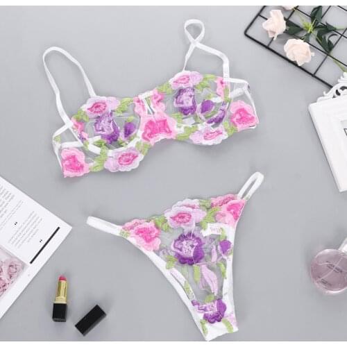 Sexy Lingerie Perspective Lace Womens Underwear Bra Thong Temptation Erotic Lingerie Floral Embroidery Underwear Set Sleepwear