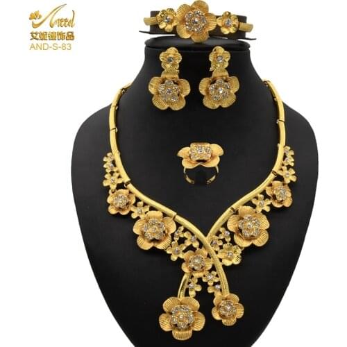 Bridal Jewelry Sets African Necklace For Womens Nigerians Gold Jewelry Flower Earrings Bracelet Dubai Wedding Ring Ladies 4pcs